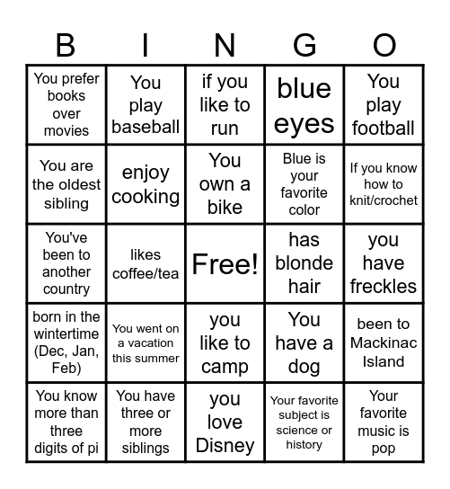 Get to Know You Bingo Card