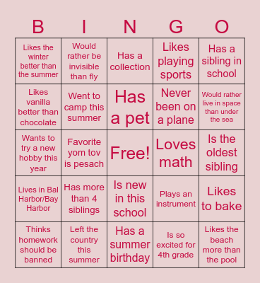 Getting to Know my Classmates! Bingo Card