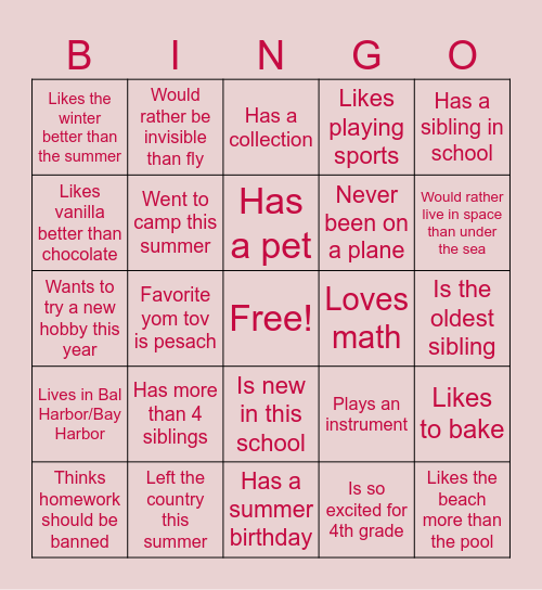 Getting to Know my Classmates! Bingo Card