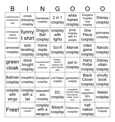 Cosplay Bingo Card