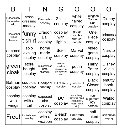 Cosplay Bingo Card