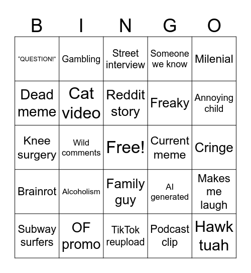 YouTube Short Bingo Card
