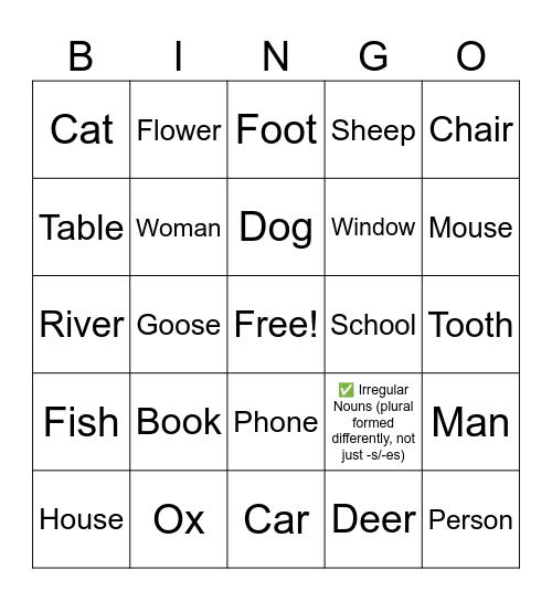 Singular and plural nouns Bingo Card