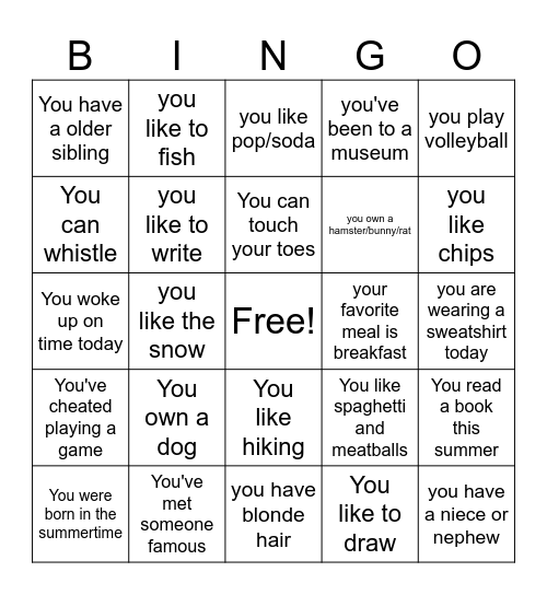 Get to Know You Bingo Card