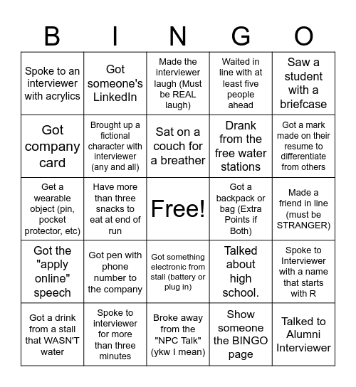 Career Fair Bingo Card