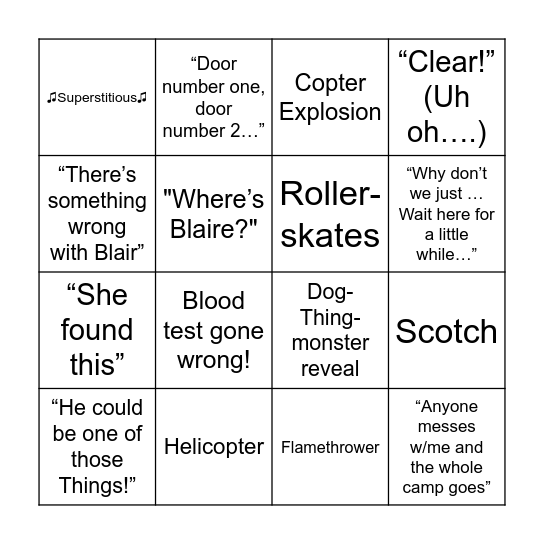 The Thing Movie Bingo Card