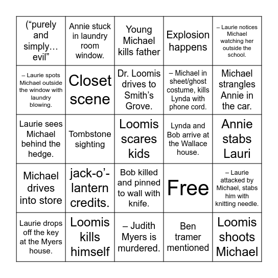 Halloween Movie Bingo Card