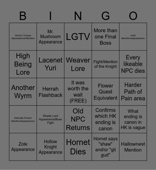 Silksong Bingo Card