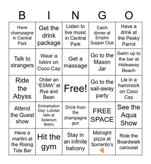 Utopia of the Seas Bingo Card