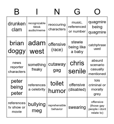 family guy bingo Card