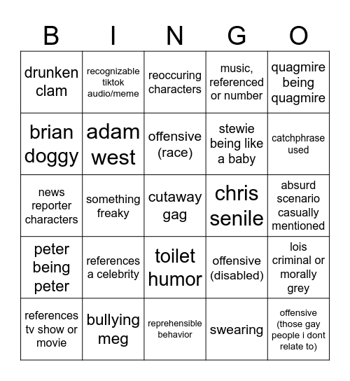 family guy bingo Card