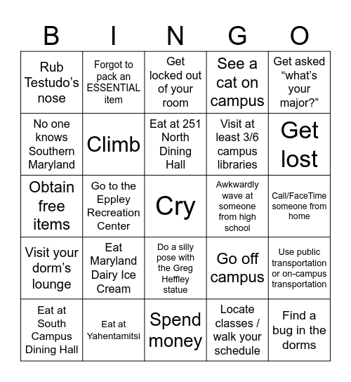 UMD Bingo Card
