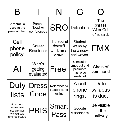 Staff Meeting Bingo Card
