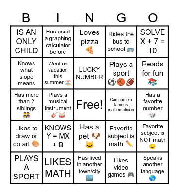 ALG 1 GET TO KNOW ME Bingo Card