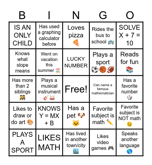 ALG 1 GET TO KNOW ME Bingo Card