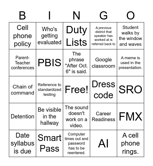 Staff Meeting Bingo Card