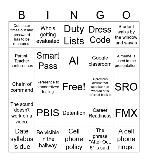Staff Meeting Bingo Card