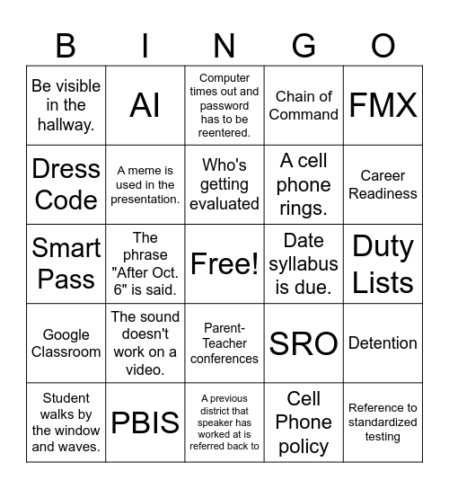 Staff Meeting Bingo Card