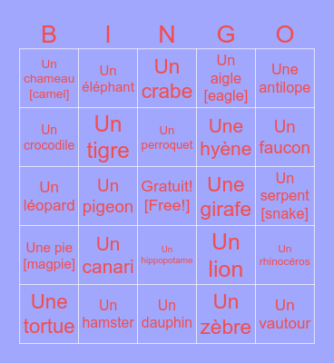 French Animal Bingo! Bingo Card