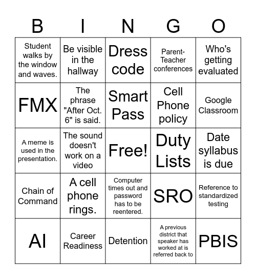 Staff Meeting Bingo Card