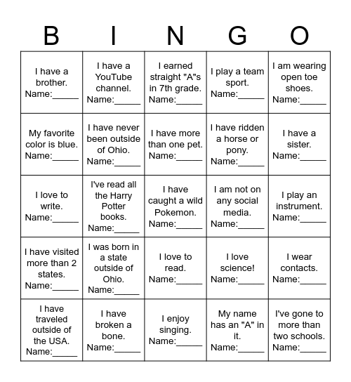 Classmate BINGO Card