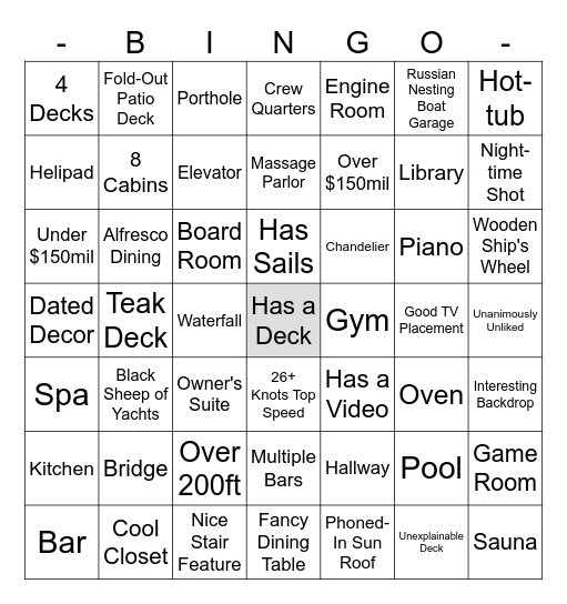 Yacht Bingo Card