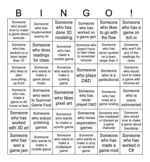 CTIN 532 Ice Breaker Bingo Card