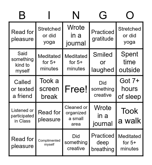 Self-Care Bingo Card