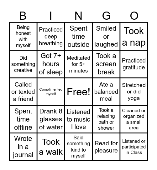 Self-Care Bingo Card