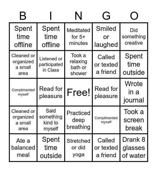 Self-Care Bingo Card