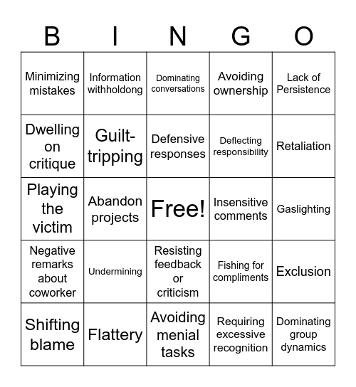 Narcissist Coworker Bingo Card