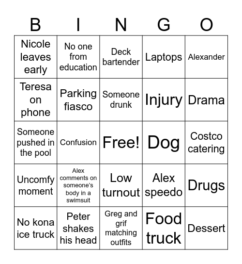 Staff pool party Bingo Card