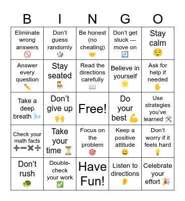 Testing Taking Skills Bingo Card