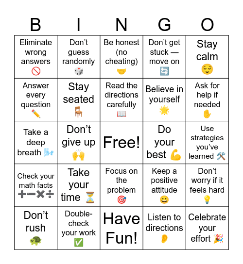 Testing Taking Skills Bingo Card