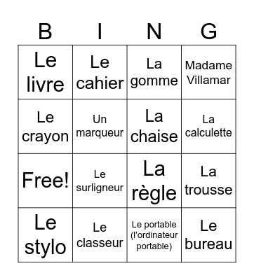 French classroom objects Bingo Card