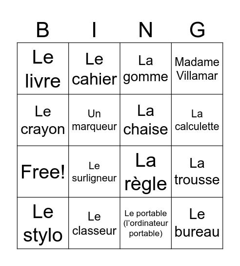 French classroom objects Bingo Card
