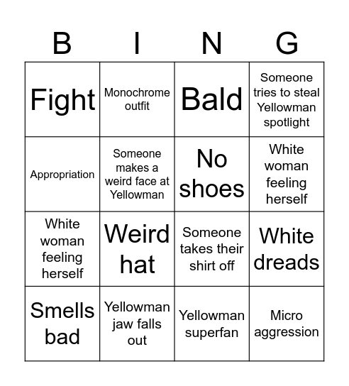 Yellowman Bingo Card