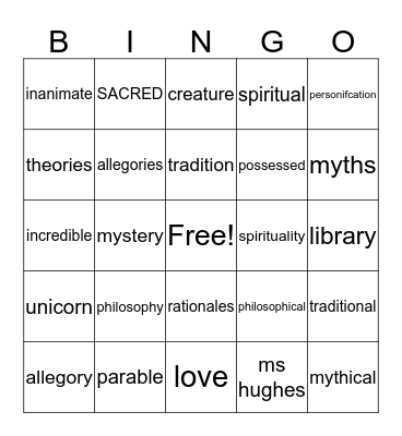Unicorn, a Mythical Creature Bingo Card