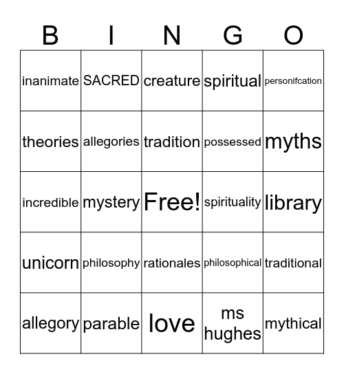 Unicorn, a Mythical Creature Bingo Card