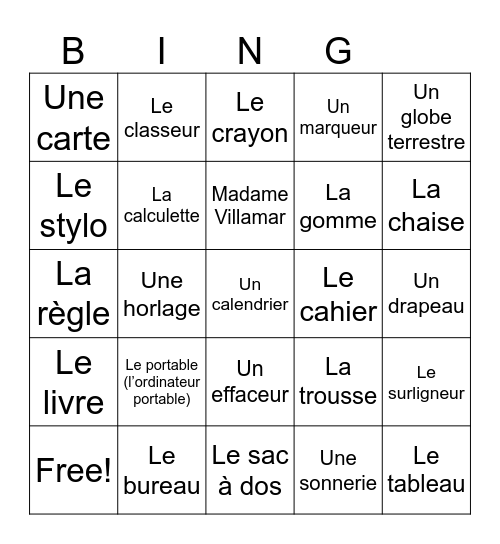 French classroom objects Bingo Card