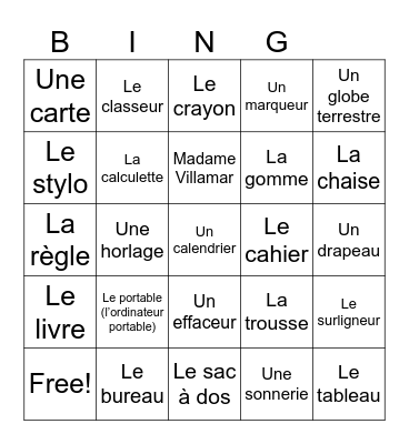French classroom objects Bingo Card
