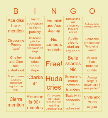 LoveIslandS8 Reunion Bingo Card