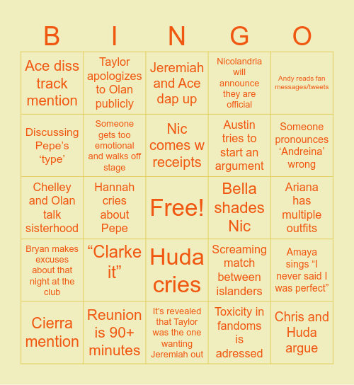 LoveIslandS8 Reunion Bingo Card