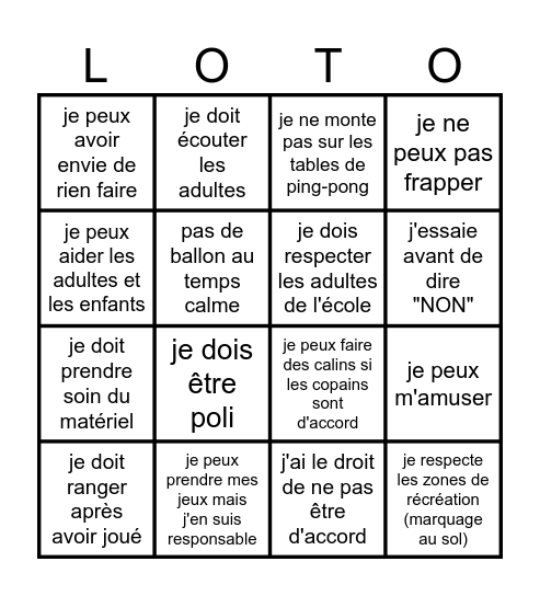 loto règle de vie Bingo Card
