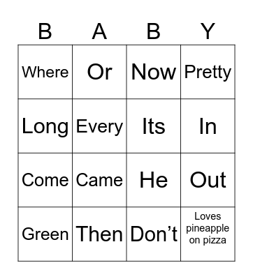 Milica's Baby Shower - Bingo Card
