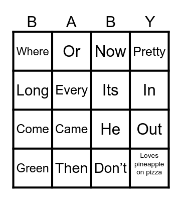 Milica's Baby Shower - Bingo Card