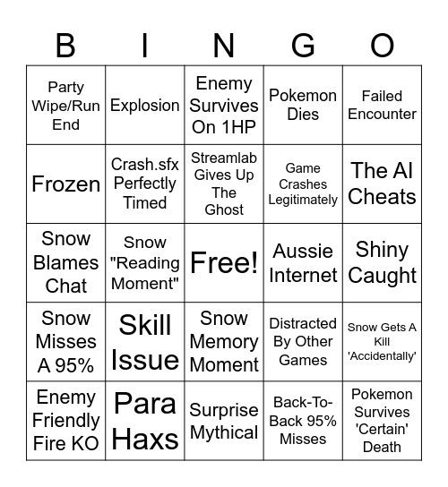The Indomitable Snowman's Pokemon Bingo Card