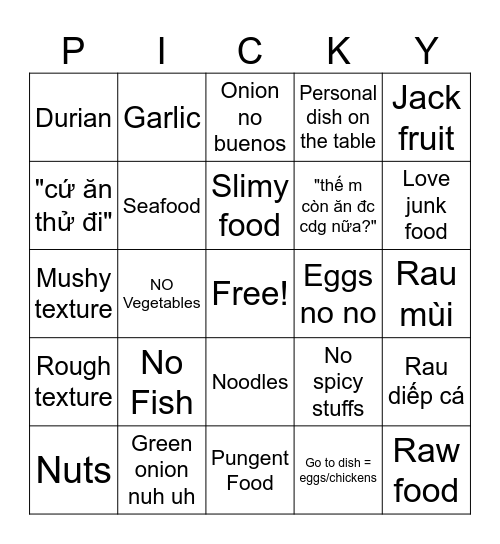 Picky eater Bingo Card