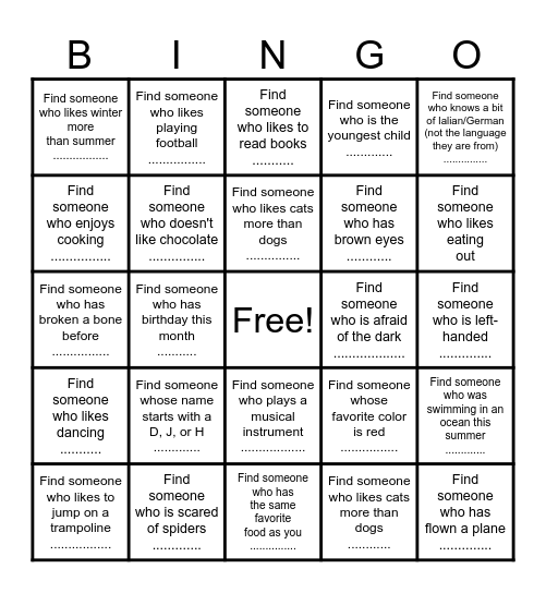 Get to Know Each Other Bingo Card