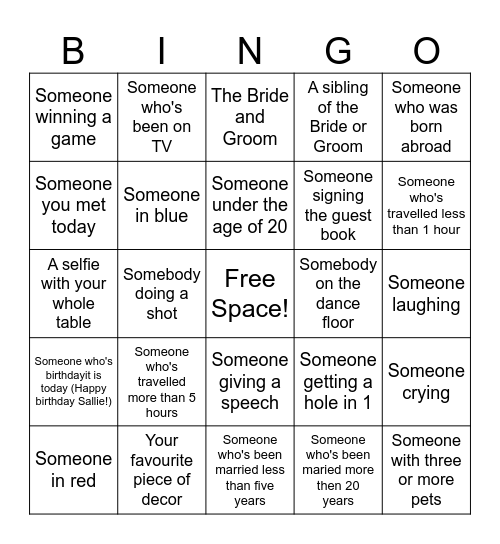 Wedding Bingo - take a photo of/with... Bingo Card